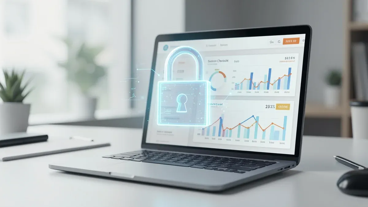 security update Magento 2 — concept de checkout securizat cu lacăt digital peste dashboard de vânzări
