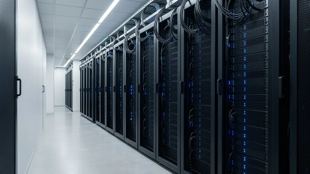 server dedicat ecommerce — coridor de datacenter cu rack-uri moderne și lumini albastre